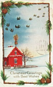 c.1917 Christmas Greetings Vintage Postcard Farmhouse Birds