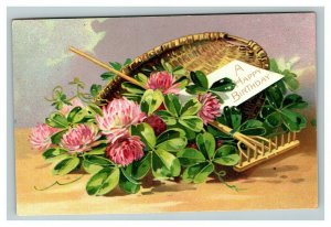 Vintage 1910's Tuck's Birthday Postcard Basket of Pink Flowers Old Rake