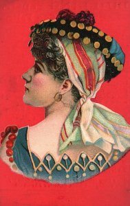 1880s-90s Woman Red Background Elliott Paper Co. Building Papers Trade Card