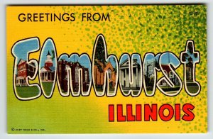 Greetings From Elmhurst Illinois Large Letter Linen Postcard Curt Teich Unused