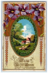 Easter Postcard Egg Clover House Sheep Flowers Embossed Randall Iowa IA 1912