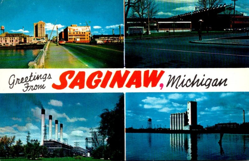 Michigan Saginaw Greetings Showing Genesee Street Bridge Grain Terminal Chevr...