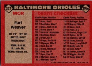 1986 Topps Baseball Card Earl Weaver Manager Baltimore Orioles sk10708