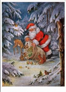 Santa with animals in woods -Ingv. Kretlow - German postcard