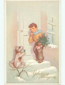 Unused Pre-Chrome new year foreign DOG IN BEGGING POSITION AT THE DOOR J4323