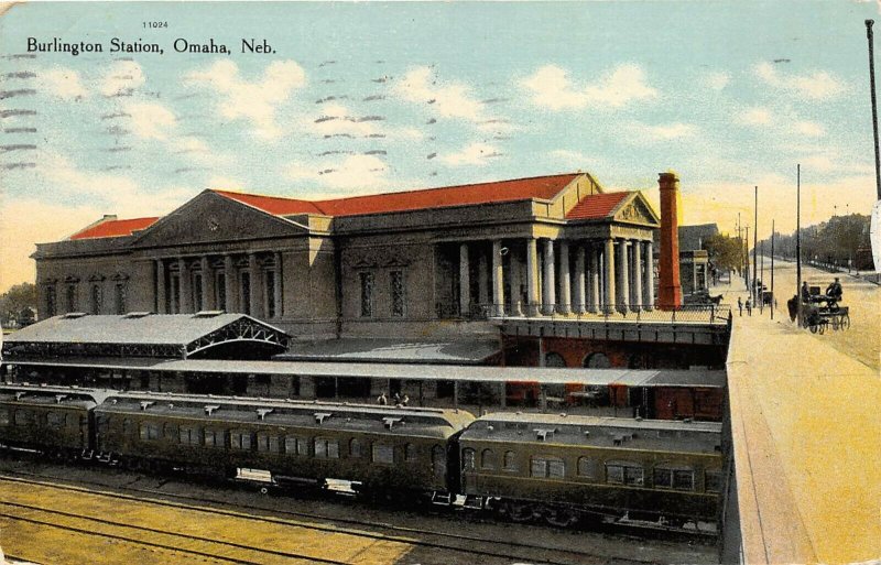 Omaha Nebraska 1910 Postcard Burlington Station Train Cars