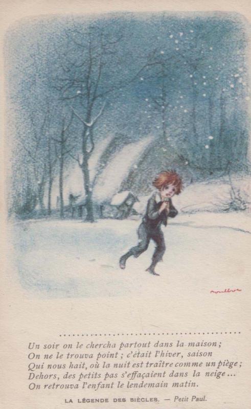 Petit Paul La Legende Des Siecles Child Runs Christmas Snow Antique Postcard