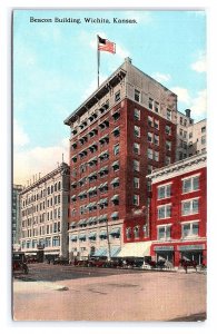 Postcard Beacon Building Wichita Kansas Antique Automobiles Horse & Buggy