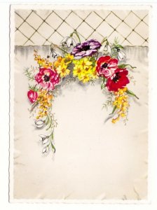 White, Yellow And Red Flowers, Chain Link Fence, Chrome Greetings Postcard