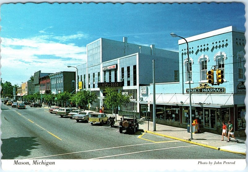 c1980s Mason, Mich. Downtown Stores Ware's Pharmacy Postcard Main St Cars MI A79
