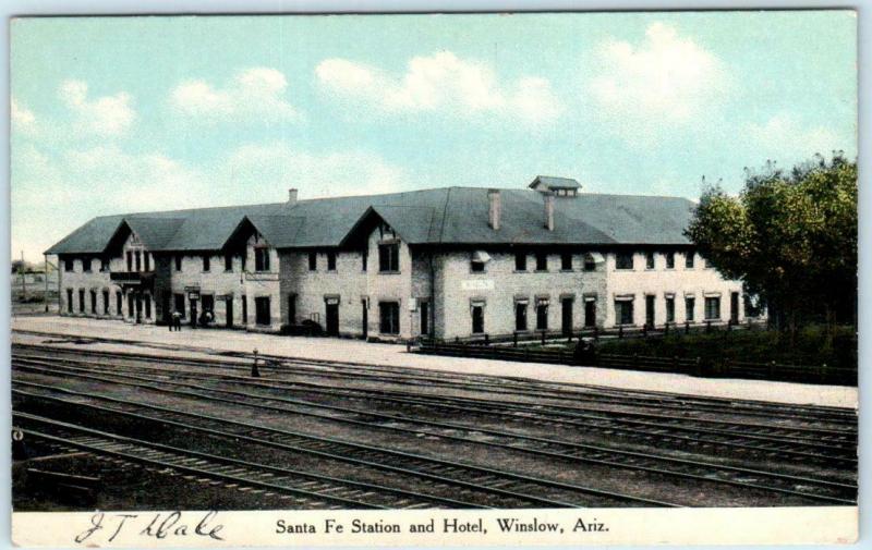 WINSLOW, Arizona AZ   SANTA FE RAILROAD STATION Depo & Hotel ca 1910s  Postcard