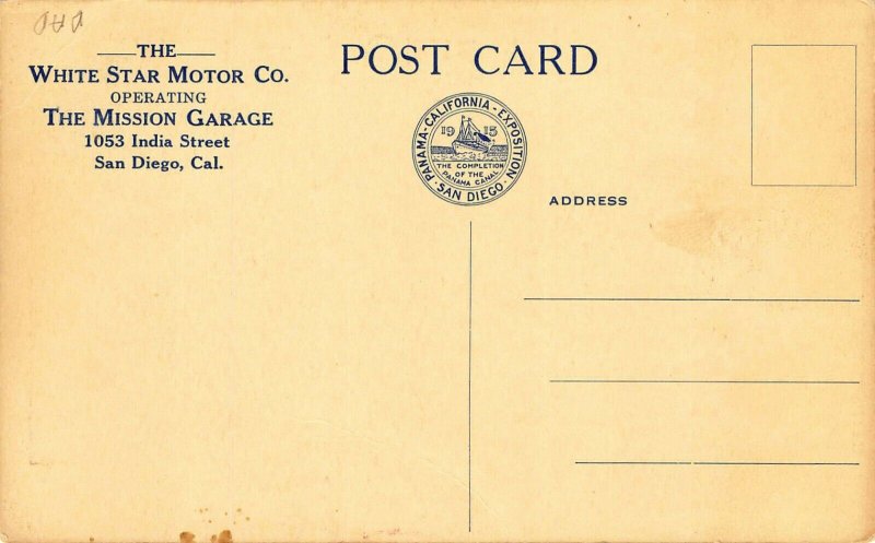 San Diego CA White Star Motor Co. San Diego Hotel Pan-Pacific Expo Postcard