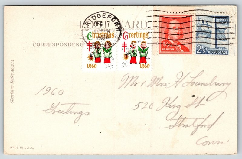 Holiday~Christmas Greetings~Poem~Holly Branch~Snowy Village Church~c1960s PC