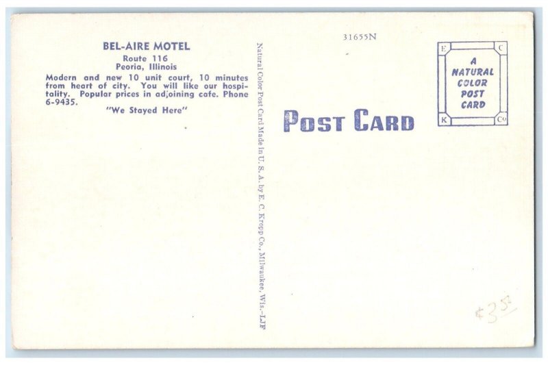 c1940 Bel-Aire Motel Route 116 Exterior View Building Peoria Illinois Postcard