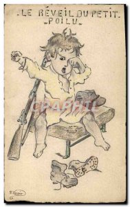 Old Postcard Drawing the Child has hand The awakening of the little hairy Hun...