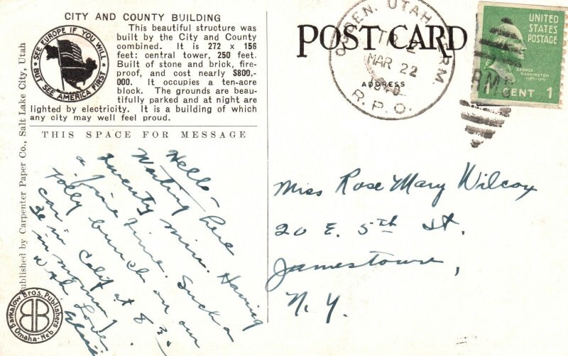 Vintage Postcard 1940 City & County Building Salt Lake City Utah UT