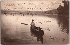 VINTAGE POSTCARD CANOEING IN THE ROCKIES MAILED 1907 RARE IMAGE