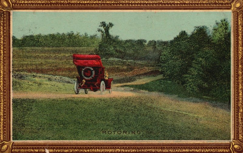 ?Vintage Postcard Motoring Vehicle Field Nature Trees Artwork