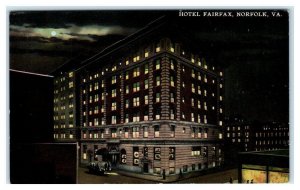 NORFOLK, VA Virginia ~ HOTEL FAIRFAX at Night  c1910s Car  Postcard