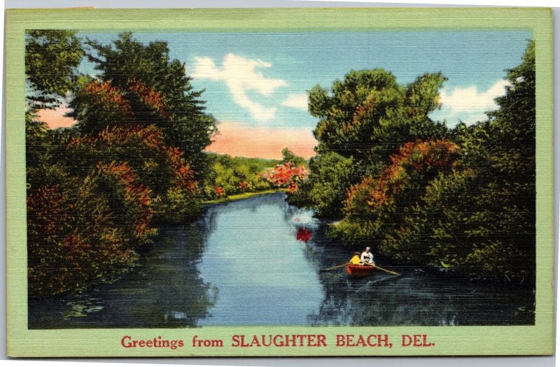 Postcard DE Slaughter Beach Greetings NYCE Landscape people in rowboat