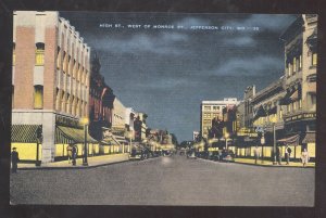 JEFFERSON CITY MISSOURI DOWNTOWN STREET SCENE AT NIGHT VINTAGE POSTCARD