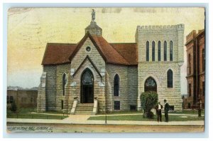 1908 Two Men Talking Outside Memorial Hall, Aurora Illinois IL Antique Postcard 