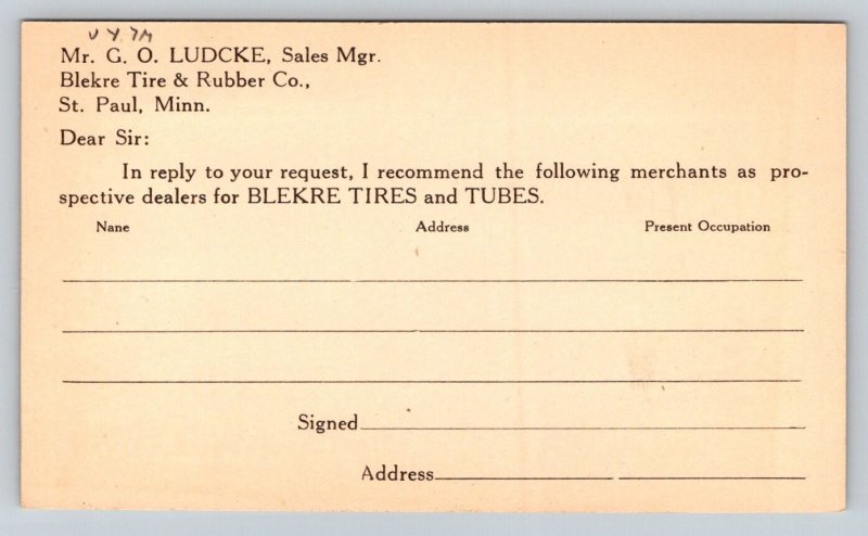 Blekre Tire & Rubber Co.   St. Paul  Minnesota   Postcard