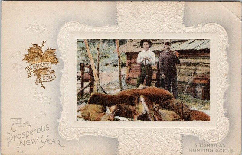 Canadian Hunting Scene Hunter Prosperous New Year Maple Leaf Postcard G85 *as is