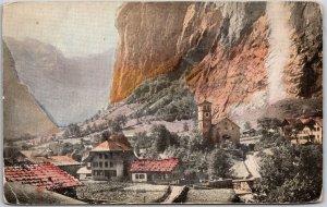 1909 Lauterbrunner & Straubach Falls Valley Town Mountains Cliff Posted Postcard