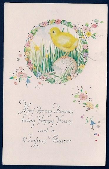 Spring Flowers Happy Hours Joyous Easter Chick unused c1910