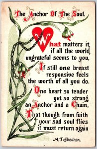 The Anchor Of The Soul, 1908 Decorative Poem, Red Heart & Floral Vines, Postcard