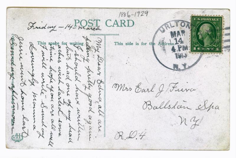 Urlton to Ballston Spa, New York used Postcard, 1913, Lover's Lane