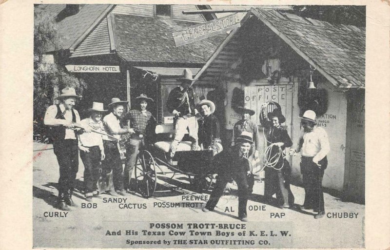 POSSOM TROTT-BRUCE TEXAS COW TOWN BOYS KELW COWBOY RADIO AD POSTCARD (1930s) 