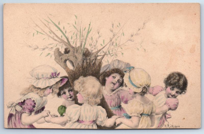 1900s Imperial Russia Little GIRLS and BOYS Easter Tree by Wichera Old Postcard