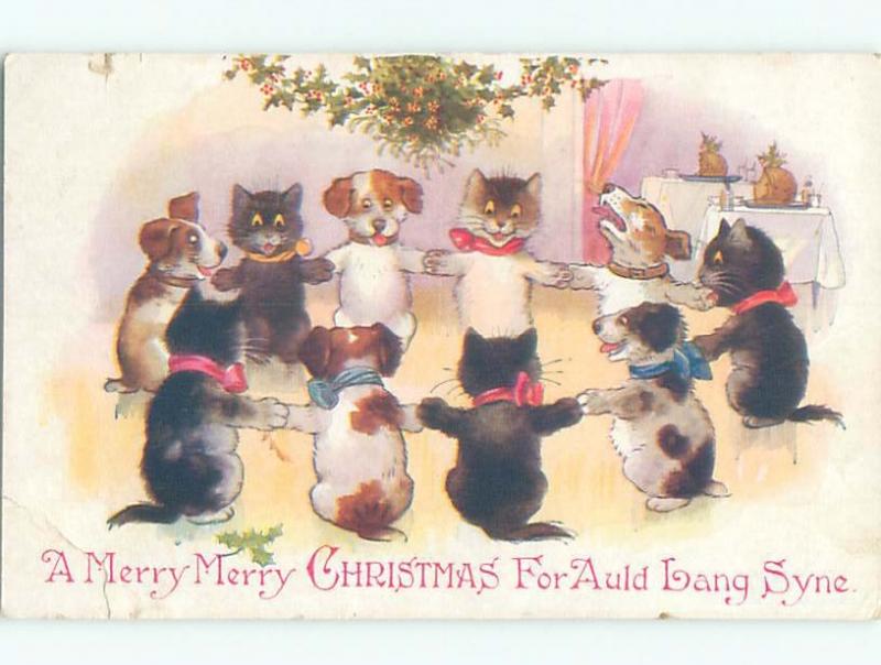 Pre-Linen Christmas HUMANIZED CATS AND DOGS DANCING IN A CIRCLE AB5349