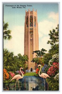 Flamingos at the Singing Tower Lake Wales Florida FL UNP Linen Postcard P23