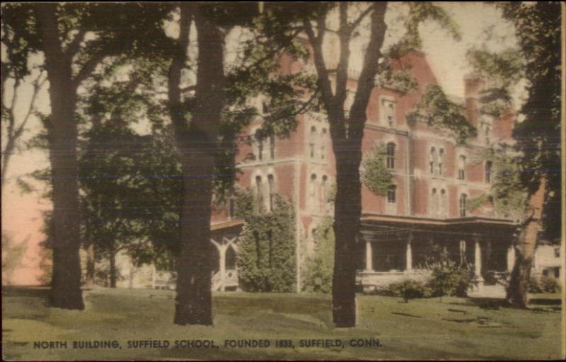 Suffield CT North Building of School c1920s-30s Hand Colored Postcard