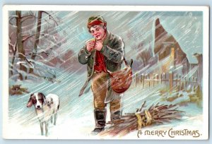 Christmas Postcard Man With Pipe Cigarette Dog Blowing Wind Winter Snow Embossed