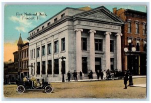 c1910's First National Bank Building Cars Freeport Illinois IL Antique Postcard