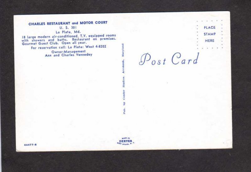 MD Charles Restaurant Motor Court Motel La Plata Maryland Postcard Ann Vennedey