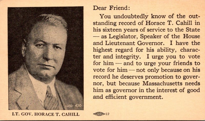 Massachusetts Lt Governor Horace T Cahill Running For Governor