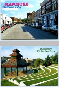 2 Postcards MANISTEE, MI ~ Victorian City STREET SCENE Band Stand 4x6