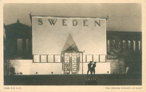 1933 Chicago World's Fair Swedish Pavilion at Night B&W Litho Postcard U...