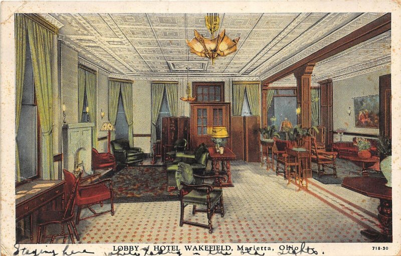 Marietta Ohio 1938 Postcard Lobby Hotel Wakefield