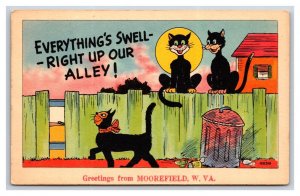 Generic Comic Greetings Black Cats Moorefield WV UNP Linen Postcard W2