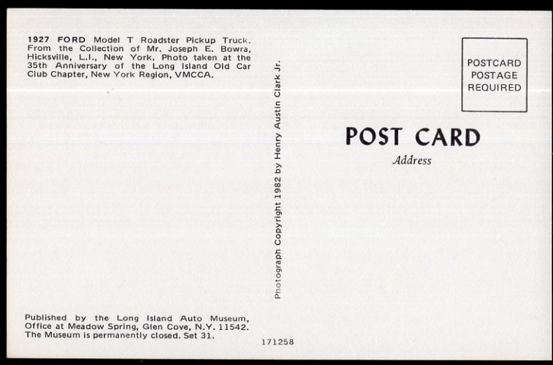 Classic Truck Postcard 1927 FORD Model T Roadster Pick-Up