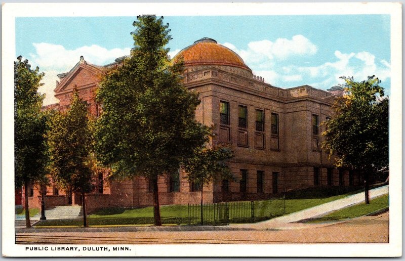 Public Library Duluth Minnesota MN Roadway Grounds Trees Landmark Postcard