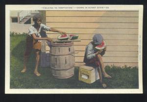 DOWN IN SUNNY DIXIE BLACK AMERICANA BLACK BOYS WATERMELON VINTAGE POSTCARD