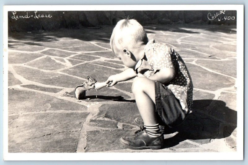 Little Boy Postcard RPPC Photo Feeding Chipmunk Lend Lease Collins c1940's