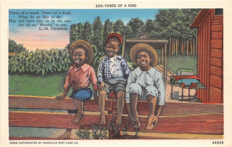 E23/ Black Americana Postcard Linen Three of a Kind Boys On Fence Howdy 5